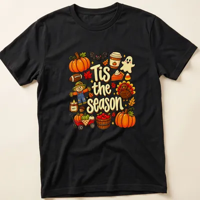 Kawaii illustration of a scarecrow with pumpkins and turkey for Thanksgiving — printed on a unisex t-shirt