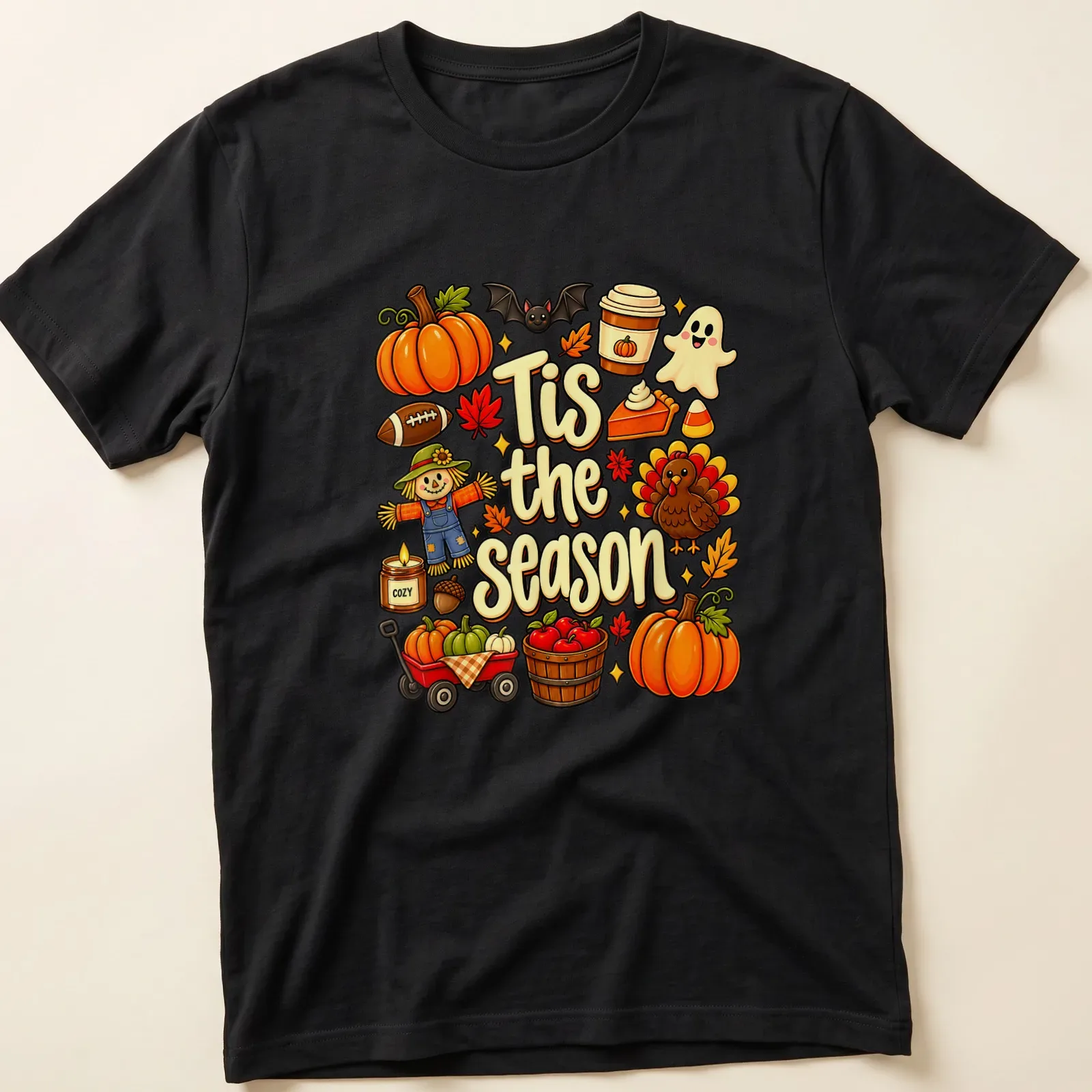 Kawaii illustration of a scarecrow with pumpkins and turkey for Thanksgiving — printed on a unisex t-shirt