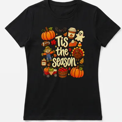 Kawaii illustration of a scarecrow with pumpkins and turkey for Thanksgiving — printed on a women's shirt