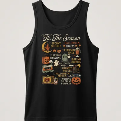 Retro Halloween-themed t-shirt with pumpkin and festive icons — printed on a tank top