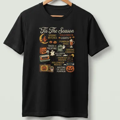 Retro Halloween-themed t-shirt with pumpkin and festive icons