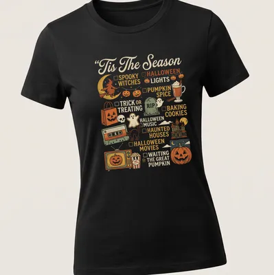 Retro Halloween-themed t-shirt with pumpkin and festive icons — printed on a women's shirt