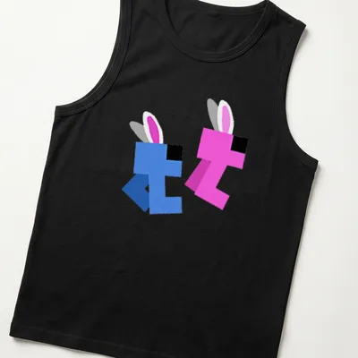 Cute kawaii design of blue and pink rabbits with the text Together And Bunny Blips — printed on a tank top