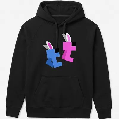 Cute kawaii design of blue and pink rabbits with the text Together And Bunny Blips — printed on a unisex hoodie
