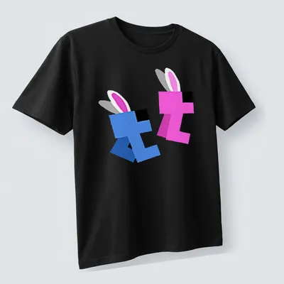 Cute kawaii design of blue and pink rabbits with the text Together And Bunny Blips — printed on a unisex t-shirt (angled view)