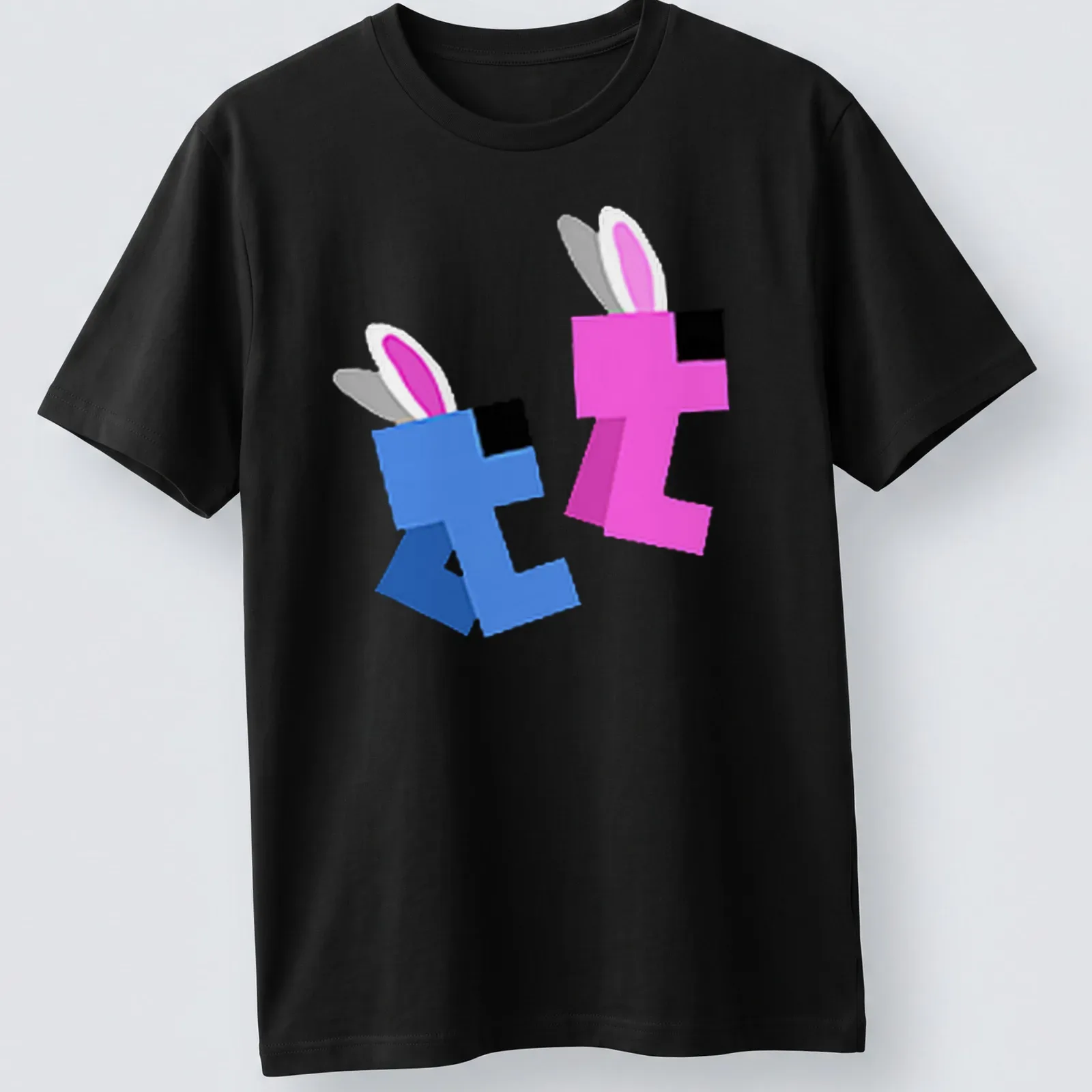 Cute kawaii design of blue and pink rabbits with the text Together And Bunny Blips — printed on a unisex t-shirt