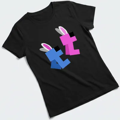 Cute kawaii design of blue and pink rabbits with the text Together And Bunny Blips — printed on a women's shirt