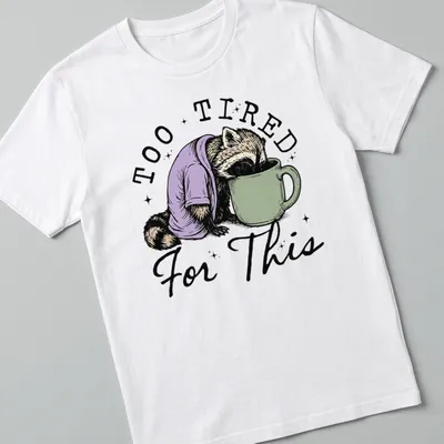 Vintage illustration of a raccoon face down in a coffee cup with playful text