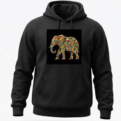 Tribal geometric elephant illustration in vibrant colors on a — printed on a unisex hoodie