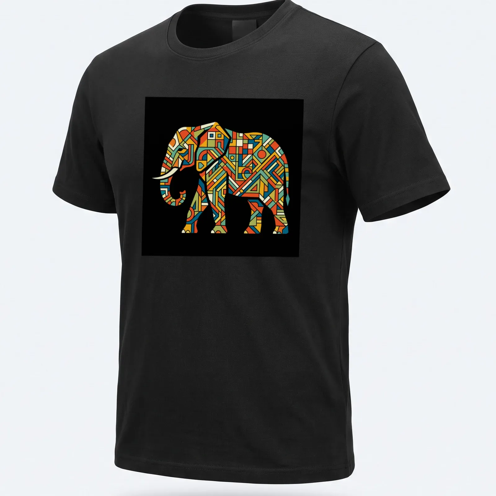 Tribal geometric elephant illustration in vibrant colors on a — printed on a unisex t-shirt