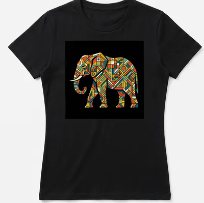 Tribal geometric elephant illustration in vibrant colors on a — printed on a women's shirt