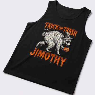 Halloween-themed shirt featuring a mummy raccoon with fun text — printed on a tank top