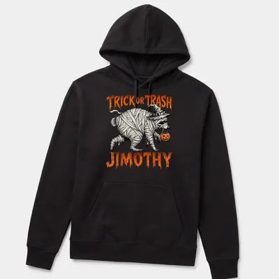 Halloween-themed shirt featuring a mummy raccoon with fun text — printed on a unisex hoodie