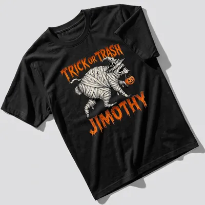 Halloween-themed shirt featuring a mummy raccoon with fun text