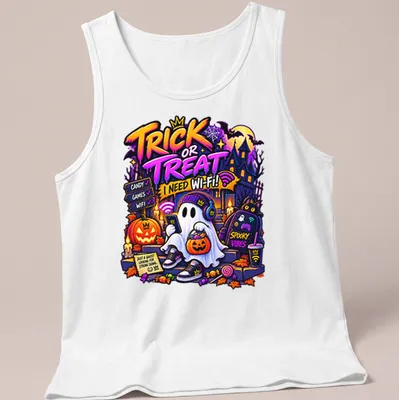 Colorful cartoon ghost with headphones and pumpkin, text reads 'Trick Or Treat! I Need Wi-Fi!' — printed on a tank top
