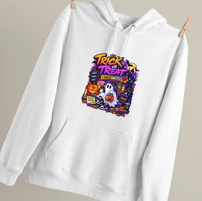 Colorful cartoon ghost with headphones and pumpkin, text reads 'Trick Or Treat! I Need Wi-Fi!' — printed on a unisex hoodie