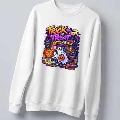 Colorful cartoon ghost with headphones and pumpkin, text reads 'Trick Or Treat! I Need Wi-Fi!' — printed on a unisex sweatshirt