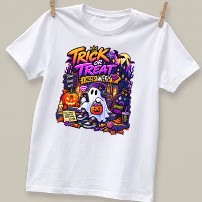 Colorful cartoon ghost with headphones and pumpkin, text reads 'Trick Or Treat! I Need Wi-Fi!'