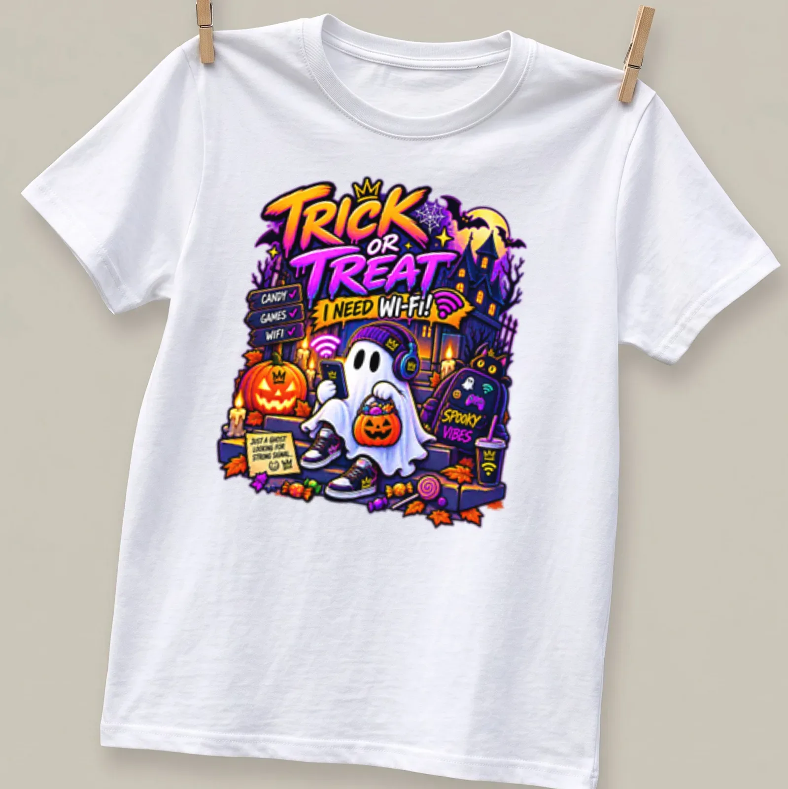 Colorful cartoon ghost with headphones and pumpkin, text reads 'Trick Or Treat! I Need Wi-Fi!' — printed on a unisex t-shirt