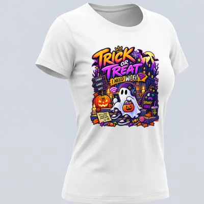 Colorful cartoon ghost with headphones and pumpkin, text reads 'Trick Or Treat! I Need Wi-Fi!' — printed on a women's shirt