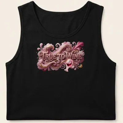 Illustration of an ornate wine glass with elegant swirls and the text 'TRUE TO WINE' — printed on a tank top