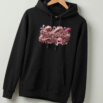 Illustration of an ornate wine glass with elegant swirls and the text 'TRUE TO WINE' — printed on a unisex hoodie