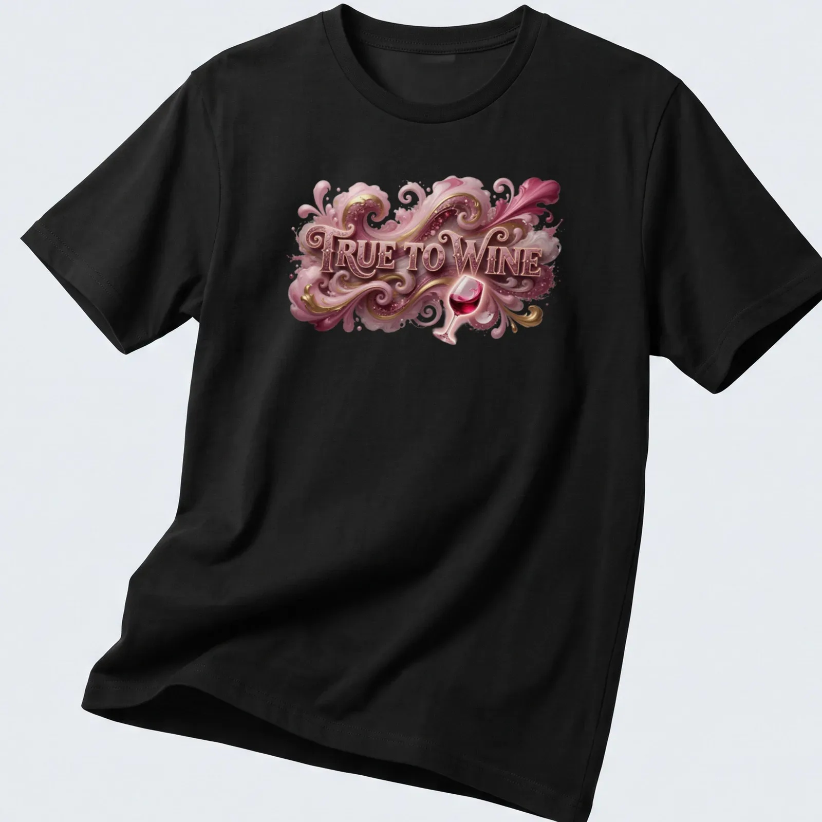Illustration of an ornate wine glass with elegant swirls and the text 'TRUE TO WINE' — printed on a unisex t-shirt