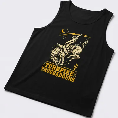 Vintage western t-shirt featuring a cowboy riding a horse with Turnpike Troubadours text — printed on a tank top