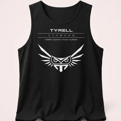 Minimalist black and white design featuring an owl and text from Blade Runner. — printed on a tank top
