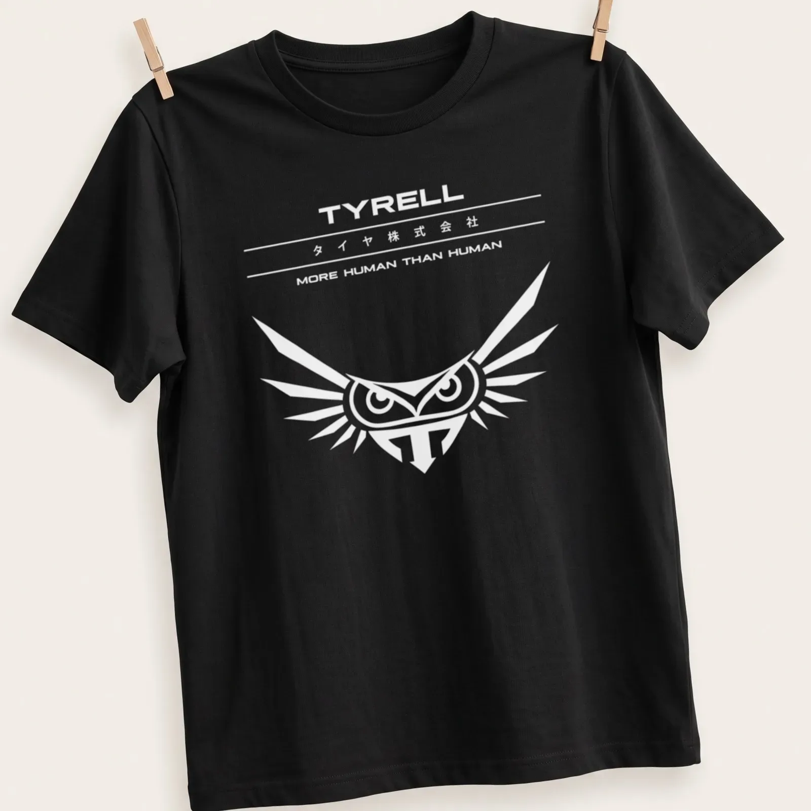 Minimalist black and white design featuring an owl and text from Blade Runner. — printed on a unisex t-shirt