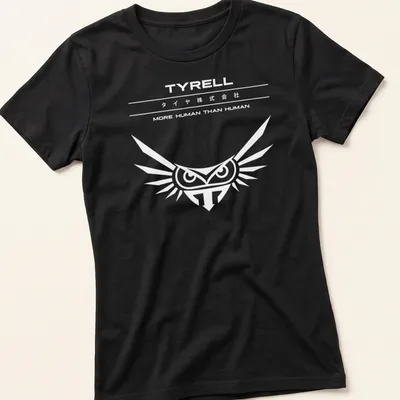 Minimalist black and white design featuring an owl and text from Blade Runner. — printed on a women's shirt