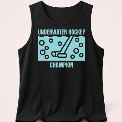 Minimalist line-art t-shirt depicting underwater hockey gear with text. — printed on a tank top