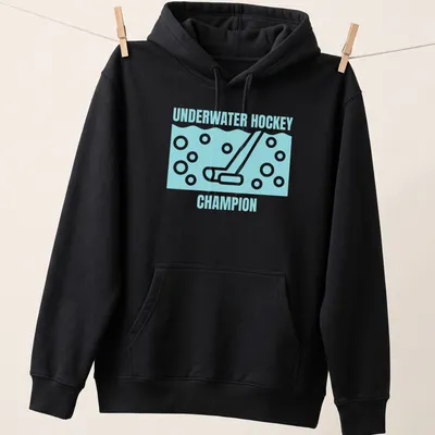 Minimalist line-art t-shirt depicting underwater hockey gear with text. — printed on a unisex hoodie