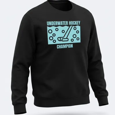 Minimalist line-art t-shirt depicting underwater hockey gear with text. — printed on a unisex sweatshirt