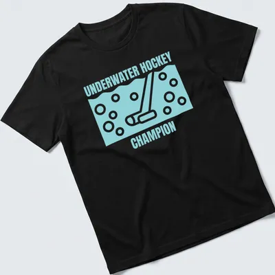Minimalist line-art t-shirt depicting underwater hockey gear with text.