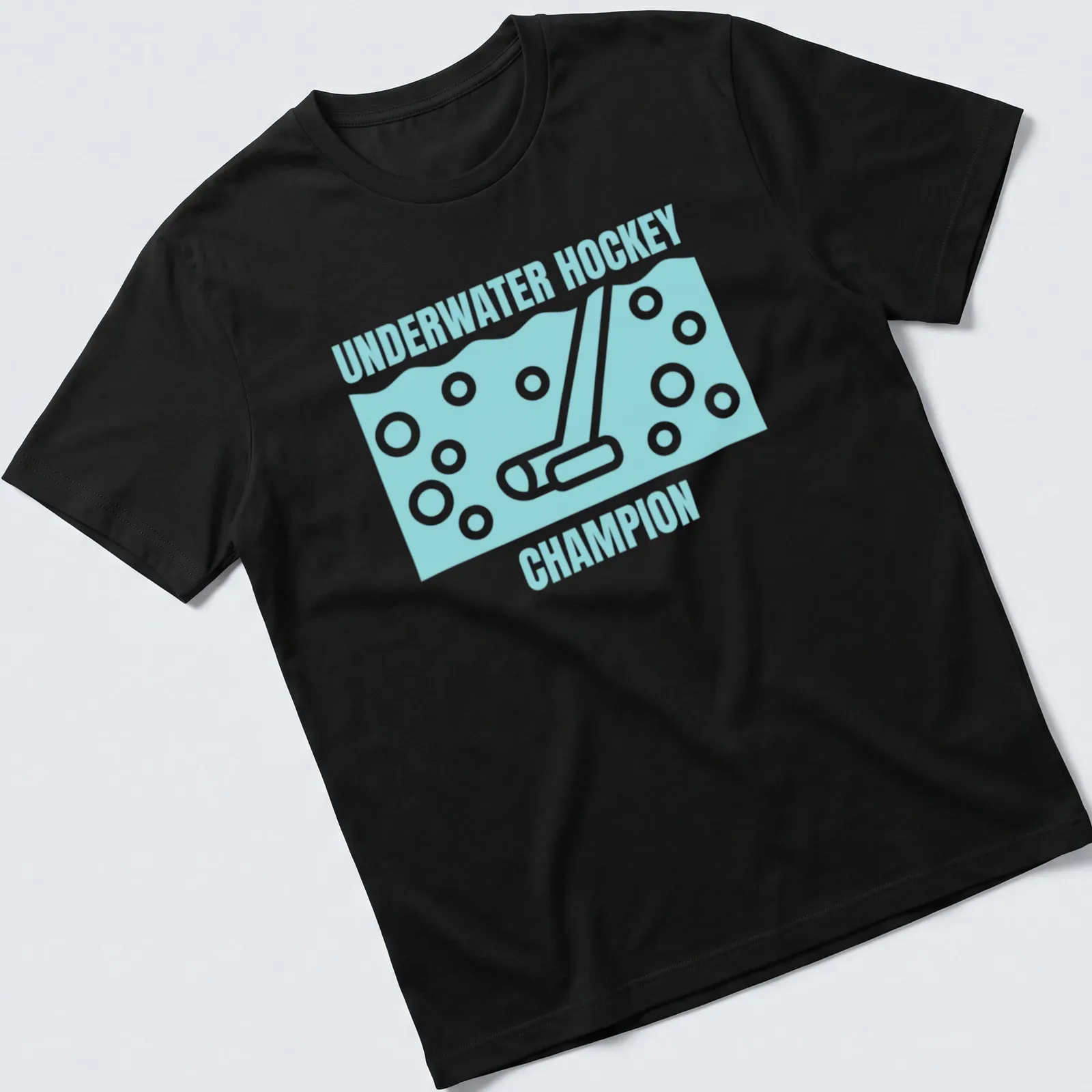 Minimalist line-art t-shirt depicting underwater hockey gear with text. — printed on a unisex t-shirt
