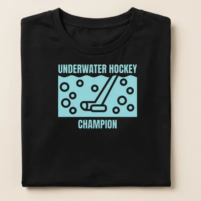 Minimalist line-art t-shirt depicting underwater hockey gear with text. — printed on a women's shirt