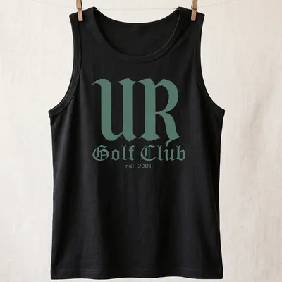 Green and white typography t-shirt featuring UR Golf Club established 2001 — printed on a tank top