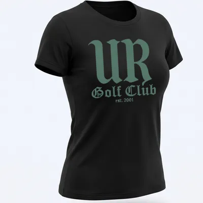 Green and white typography t-shirt featuring UR Golf Club established 2001 — printed on a women's shirt