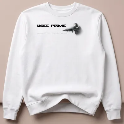 Digital art of a tactical soldier with USEC PRIME text in black, white, and gray. — printed on a unisex sweatshirt