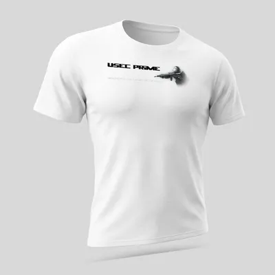 Digital art of a tactical soldier with USEC PRIME text in black, white, and gray. — printed on a unisex t-shirt (angled view)