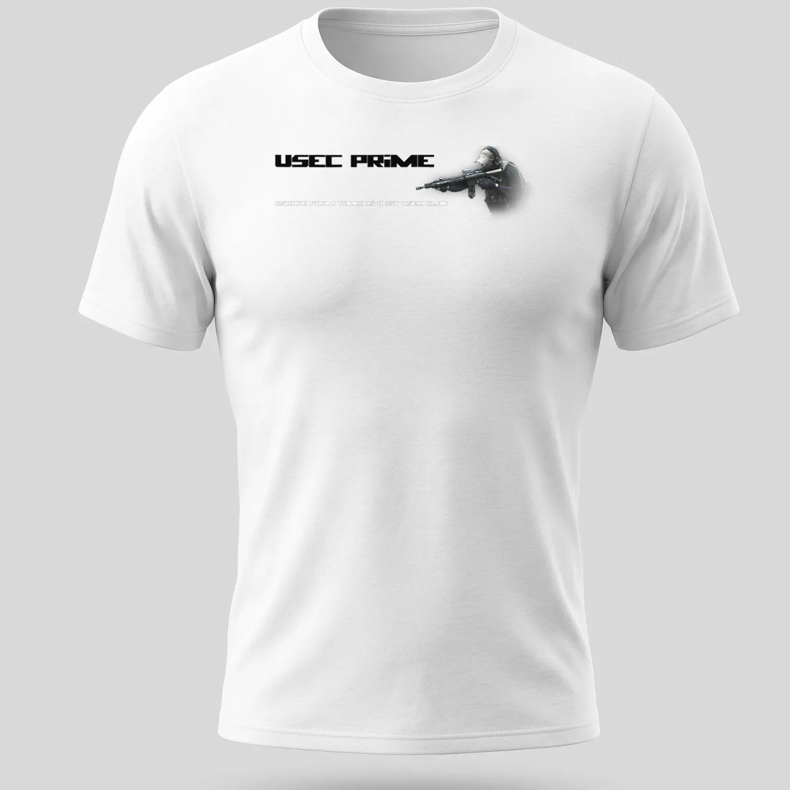 Digital art of a tactical soldier with USEC PRIME text in black, white, and gray. — printed on a unisex t-shirt