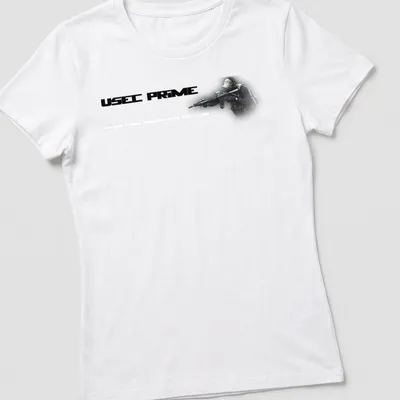 Digital art of a tactical soldier with USEC PRIME text in black, white, and gray. — printed on a women's shirt