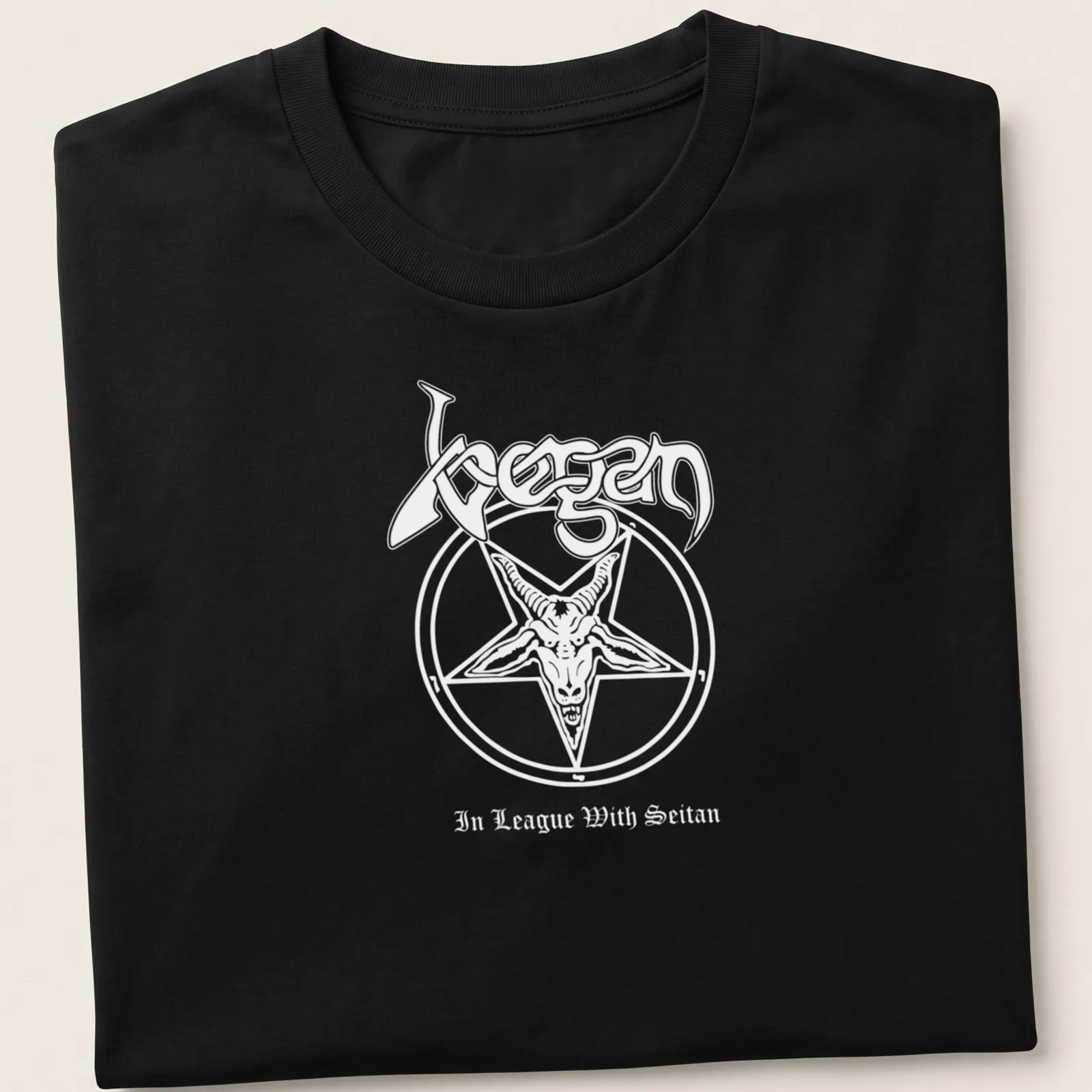 Bold graphic of 'vegan 2nd Season 3316 seitan' in black and white — printed on a unisex t-shirt