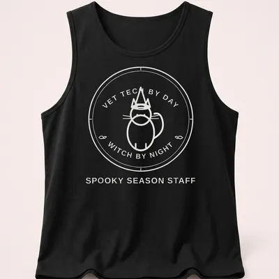 Circular badge design featuring the text Vet Tech By Day Witch By Night with a cat. — printed on a tank top
