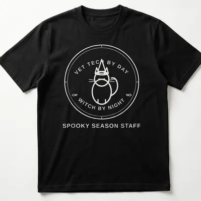 Circular badge design featuring the text Vet Tech By Day Witch By Night with a cat. — printed on a unisex t-shirt