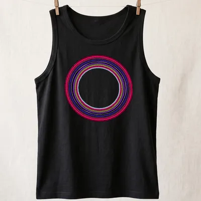 Abstract line art of endless colorful circles in red, purple, green, blue, and black — printed on a tank top