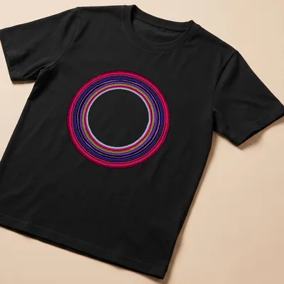 Abstract line art of endless colorful circles in red, purple, green, blue, and black — printed on a unisex t-shirt