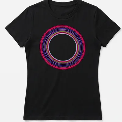 Abstract line art of endless colorful circles in red, purple, green, blue, and black — printed on a women's shirt