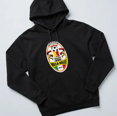 Villa Valle football club crest printed in yellow, red, green, black, and white on a — printed on a unisex hoodie
